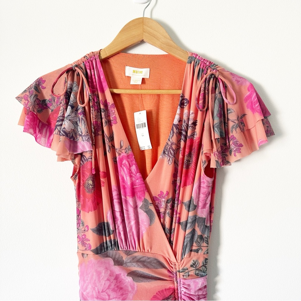 Maeve by Anthropologie Simone Floral Midi Dress Orange Pink XS NWT - Picture 3 of 12